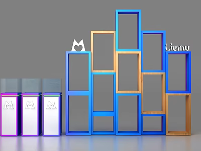 Colorful Display Shelves With Blue Orange Wooden Frames And Multiple Rectangular Compartments 3d model