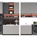 Modern Bathroom Cabinetry Design With Washing Machine Countertop And Potted Plants