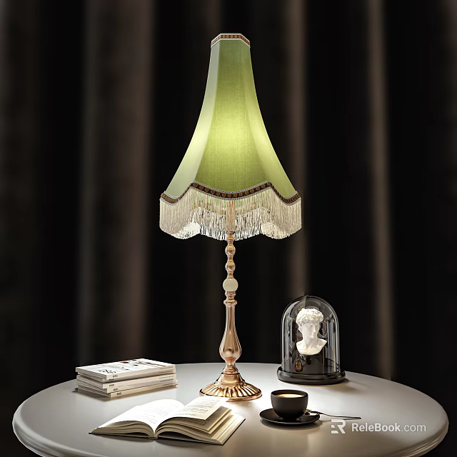 Green Linen Shade Table Lamp with Fringe Trim Brass Base Beside Books and Glass Cloche 3d model 