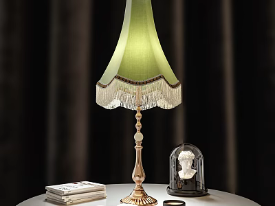 Green Linen Shade Table Lamp with Fringe Trim Brass Base Beside Books and Glass Cloche 3d model