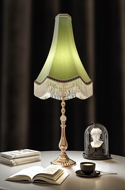 Green Linen Shade Table Lamp with Fringe Trim Brass Base Beside Books and Glass Cloche 3d model