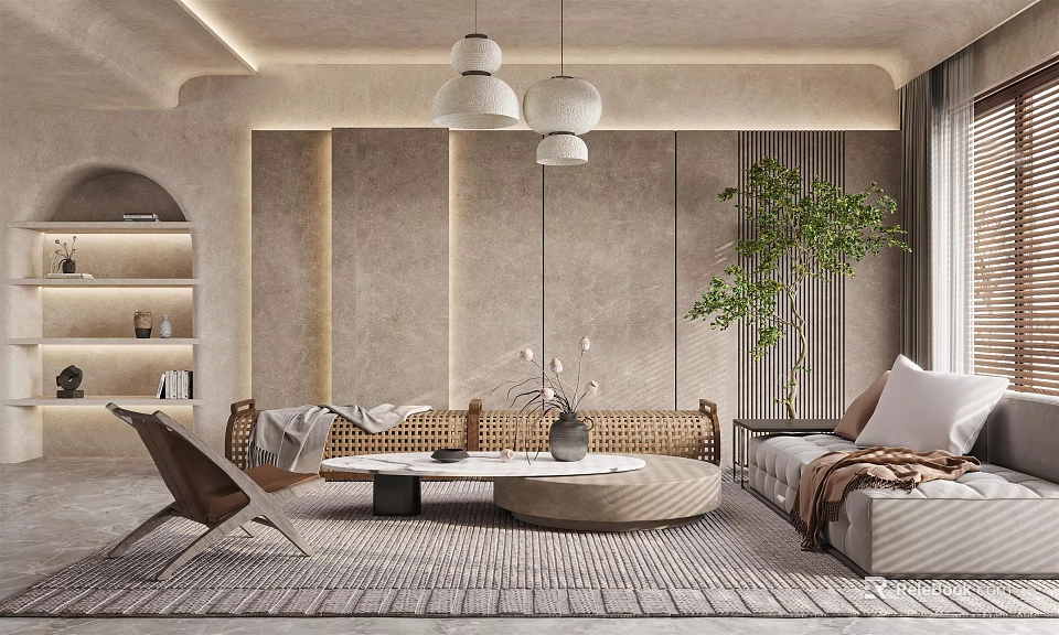 Modern Living Room Interior Design With Sofa Coffee Table Hanging Lights And Plant 3d model 