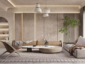 Quiet Living Room Sofa Tea Table Combination Green Plant Living Room Chandelier Rattan Sofa Decorative Ornaments Leisure Chair 3d model