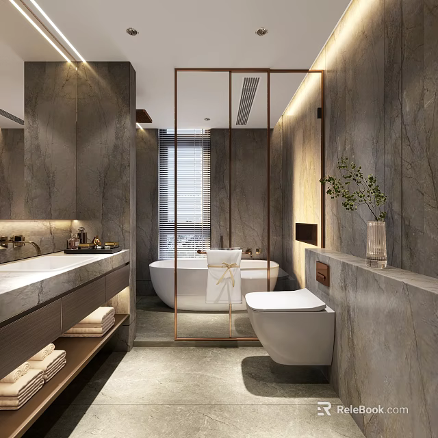 Modern Bathroom Interior With Marble Walls Bathtub Vanity Toilet And Green Plant 3d model 