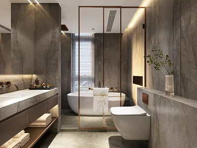 Modern Bathroom Interior With Marble Walls Bathtub Vanity Toilet And Green Plant 3d model