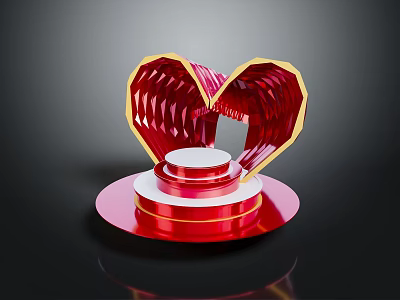 3D Red Heart Shaped Decorative Ornament With Golden Border And White Platform On Red Base 3d model