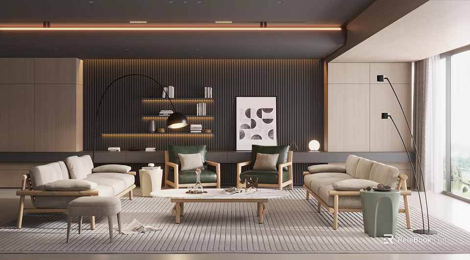 Modern Living Room Interior Design With Sofa Armchairs Coffee Table Floor Lamp And Decorative Bookshelf 3d model 