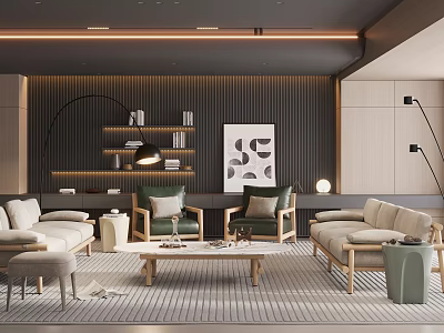 Modern Living Room Interior Design With Sofa Armchairs Coffee Table Floor Lamp And Decorative Bookshelf 3d model
