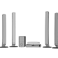 Sleek White Home Theater Speaker System With Tall Standing Speakers Center Speaker And Receiver