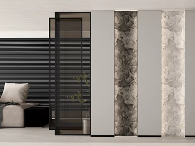 Modern Living Room Background Wall With Marble Panels And Black Striped Partition 3d model