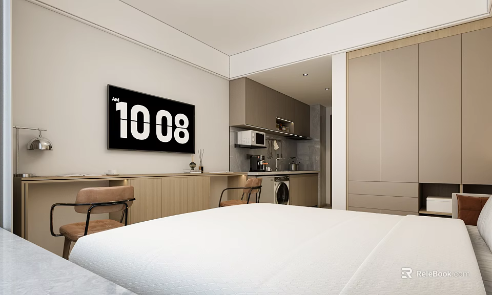 Modern Studio Apartment Bedroom With TV Kitchen Area Cabinets And Chairs 3d model 