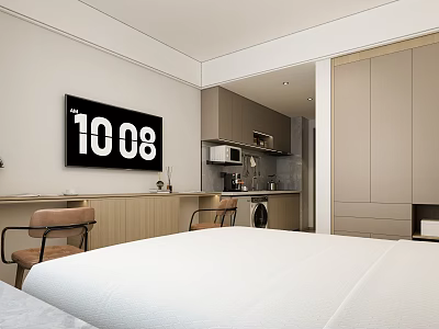 Modern Studio Apartment Bedroom With TV Kitchen Area Cabinets And Chairs 3d model