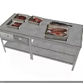 Fresh Meat and Fish Displayed on Stainless Steel Workbench with Metal Trays