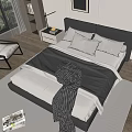 Modern Bedroom Double Bed with Gray Pillows Black Bedspread Nightstand Table Lamp and Soft Rug