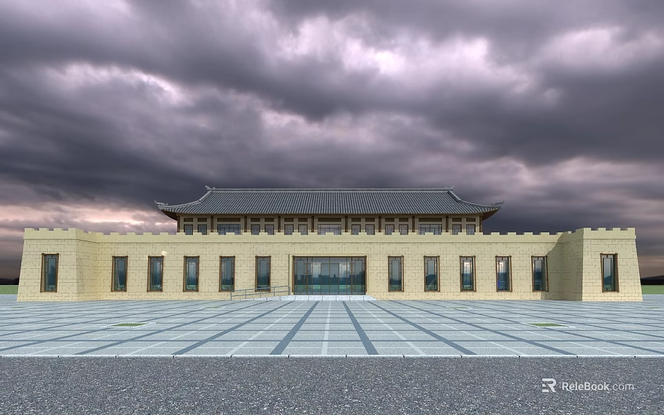 Ancient Architecture With Traditional Roof Yellow Walls And Spacious Square Under Cloudy Sky 3d model 