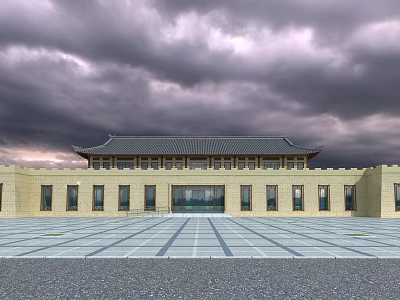 Ancient Architecture With Traditional Roof Yellow Walls And Spacious Square Under Cloudy Sky 3d model