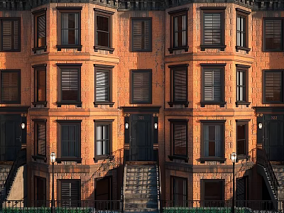 Brick Brownstone Townhouse Exterior With Multiple Windows Dark Doors Stone Steps And Street Lamps 3d model