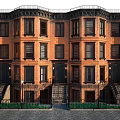 Brick Brownstone Townhouse Exterior With Multiple Windows Dark Doors Stone Steps And Street Lamps