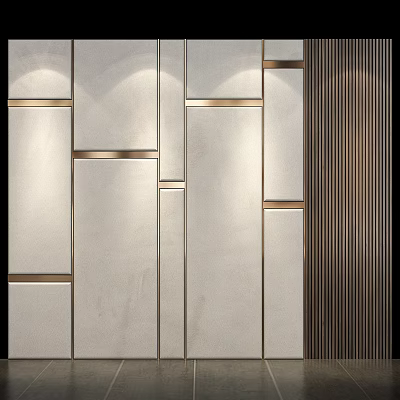 Modern Background Wall Design With Geometric Panels Metallic Strips And Neutral Tone 3d model