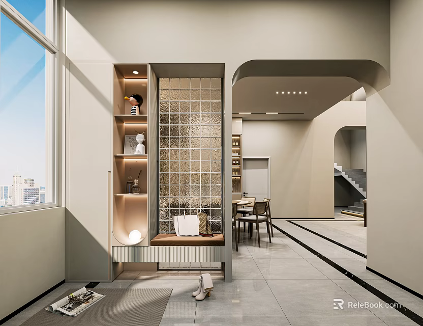 Minimalist Entryway Hallway Design With Glass Partition Storage Shelves And Polished Floor Tiles 3d model 