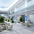 Modern Lobby Reception Desk Interior With Green Plants Tables Chairs And Skylight