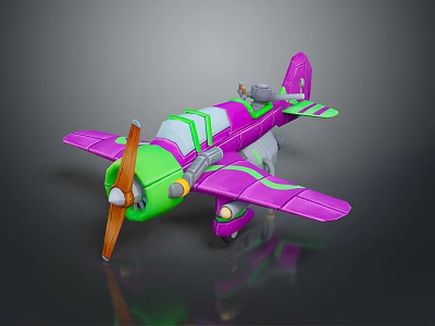 Colorful Toy Airplane Model With Purple Green Body And Wooden Propeller 3d model