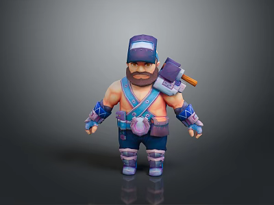 Cartoon Game Character In Blue Purple Outfit With Hat Hammer Arm Guards Utility Belt 3d model