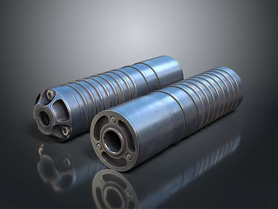 Detailed 3D Render of Two Metal Cylindrical Weapon Parts with Spiral Grooves and End Holes 3d model