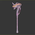 Fantasy Character Weapon Staff With Horned Creature Design And Red Stripes