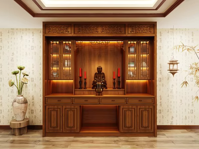 Chinese Style Wooden Buddhist Shrine Cabinet with Carved Details Buddha Statue and Red Candles 3d model