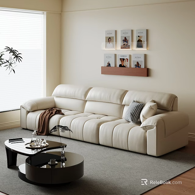 Modern Living Room Interior With Beige Leather Sofa Black Coffee Table And Wooden Shelf Wall 3d model 