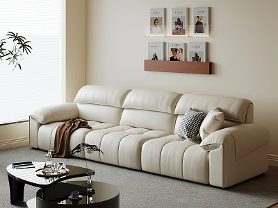 Modern Living Room Interior With Beige Leather Sofa Black Coffee Table And Wooden Shelf Wall 3d model