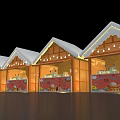 Festive Wooden Market Huts With Snow Covered Roofs Lit Lights And Displayed Goods