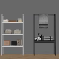 Bathroom Storage Shelves Wooden and Metal with Baskets Boxes Towels and Toiletries
