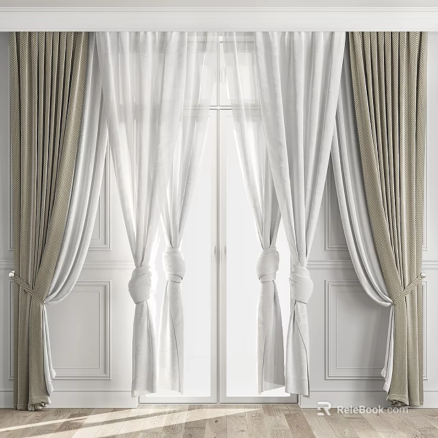 Elegant Layered Curtains With White Sheer And Cream Drapes For Window Decoration 3d model 