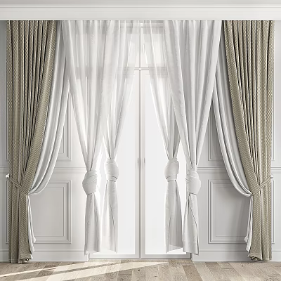 Elegant Layered Curtains With White Sheer And Cream Drapes For Window Decoration 3d model