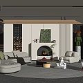 Modern Cozy Living Room With Beige Sofas Round Rug Fireplace Green Artwork And Wooden Accents