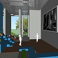 Modern Gym with Gray Walls Black Athletic Mural Blue Track Wooden Platforms and Green Plants