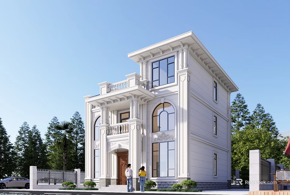 Classic White Detached Villa Exterior With Large Windows Balcony People At Entrance And Trees Around 3d model 