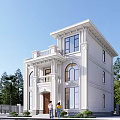 Classic White Detached Villa Exterior With Large Windows Balcony People At Entrance And Trees Around