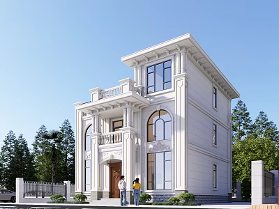 Classic White Detached Villa Exterior With Large Windows Balcony People At Entrance And Trees Around 3d model