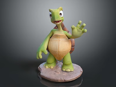 Cute Green Reptile Turtle With Yellow Shell Waving Hand Standing On Stone Base 3d model Cute Green Reptile Turtle With Yellow Shell Waving Hand Standing On Stone Base 3d model