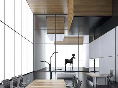 Modern Conference Room Interior Design With Large Glass Windows And Wooden Ceiling 3d model