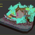 Seaside Cottage With White Walls Yellow Roof Green Trees Rocky Shore And Blue Water