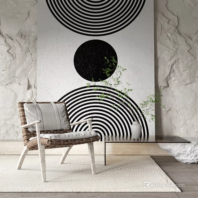 Rattan Leisure Chair With White Frame Gray Cushion By Black And White Geometric Pattern Wall 3d model 