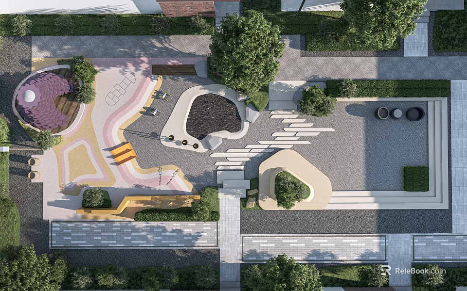 Vibrant Park Landscape Design With Colorful Pavement Seating Areas And Green Trees 3d model 