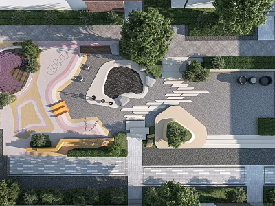 Vibrant Park Landscape Design With Colorful Pavement Seating Areas And Green Trees 3d model