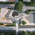 Vibrant Park Landscape Design With Colorful Pavement Seating Areas And Green Trees