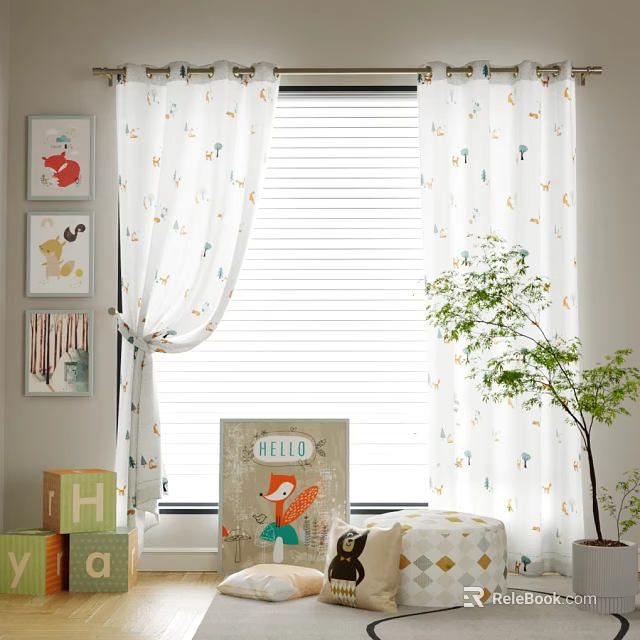 White Curtains With Small Animal Tree Patterns For Kids Room Window Decor 3d model 