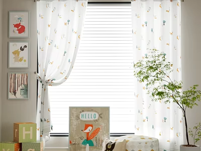 White Curtains With Small Animal Tree Patterns For Kids Room Window Decor 3d model